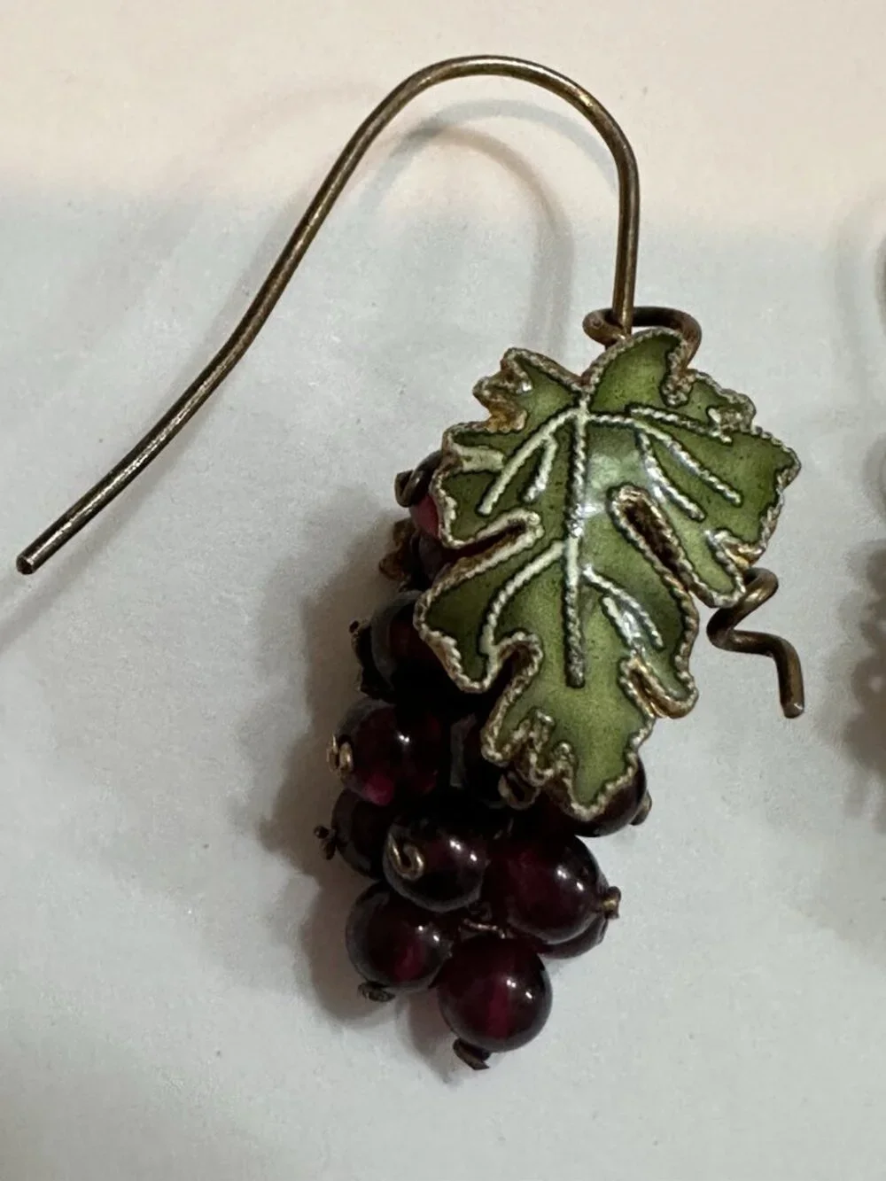 Bohemian Garnet Bead Grape Cluster Guilloche Enamel Brass Leaf Earrings